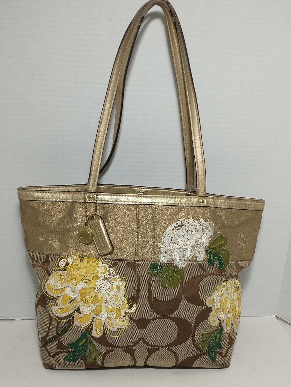 Y2K Coach Signature Stripe Gold Floral Applique Tote, Style 12204, Classic Brown